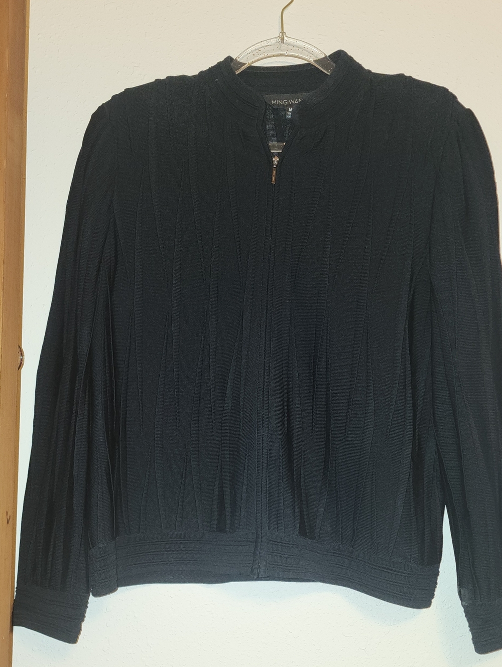 Ming Wang Black Ribbed Zip-Front Jacket